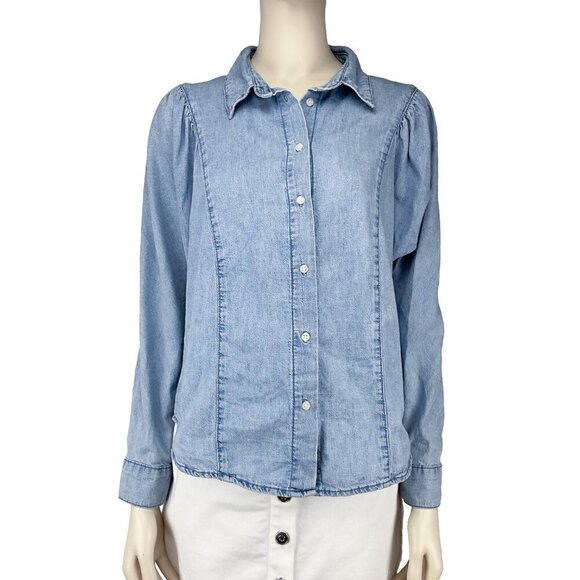 DYNAMITE Vera Denim Western Chambray Blue Light Wash Blouse Shirt Puff‎ sleeve M - Picture 3 of 7